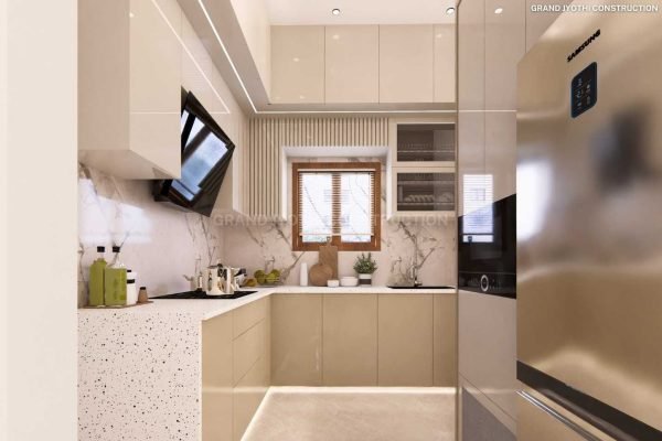 a kitchen with a counter top and a tv